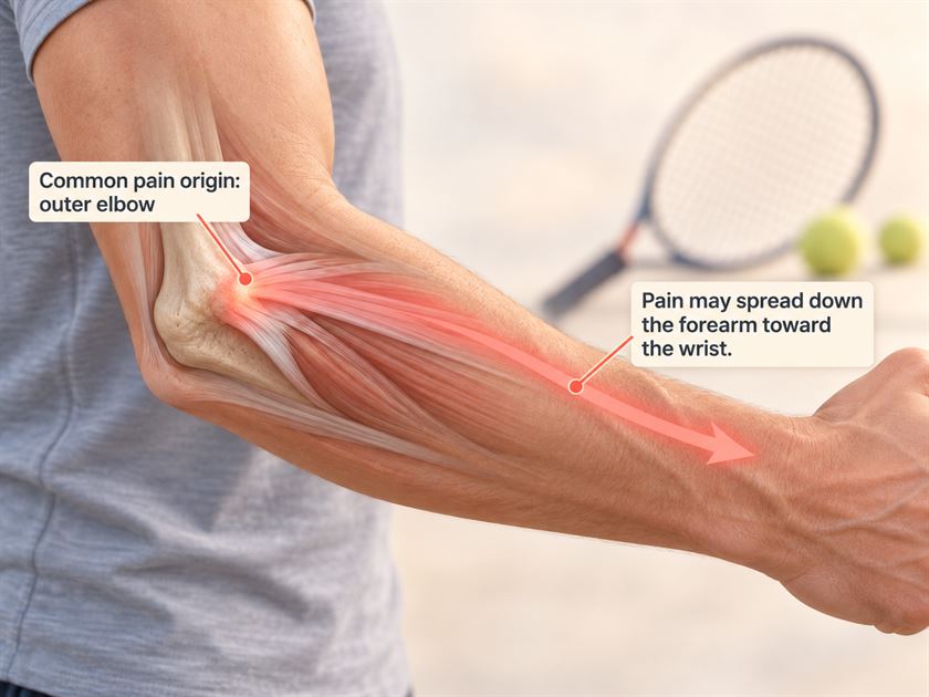 Illustration of a forearm showing the muscles and tendons beneath the skin. A highlighted point on the outer elbow is labeled "Common pain origin: outer elbow," and an arrow running down the forearm is labeled "Pain may spread down the forearm toward the wrist."